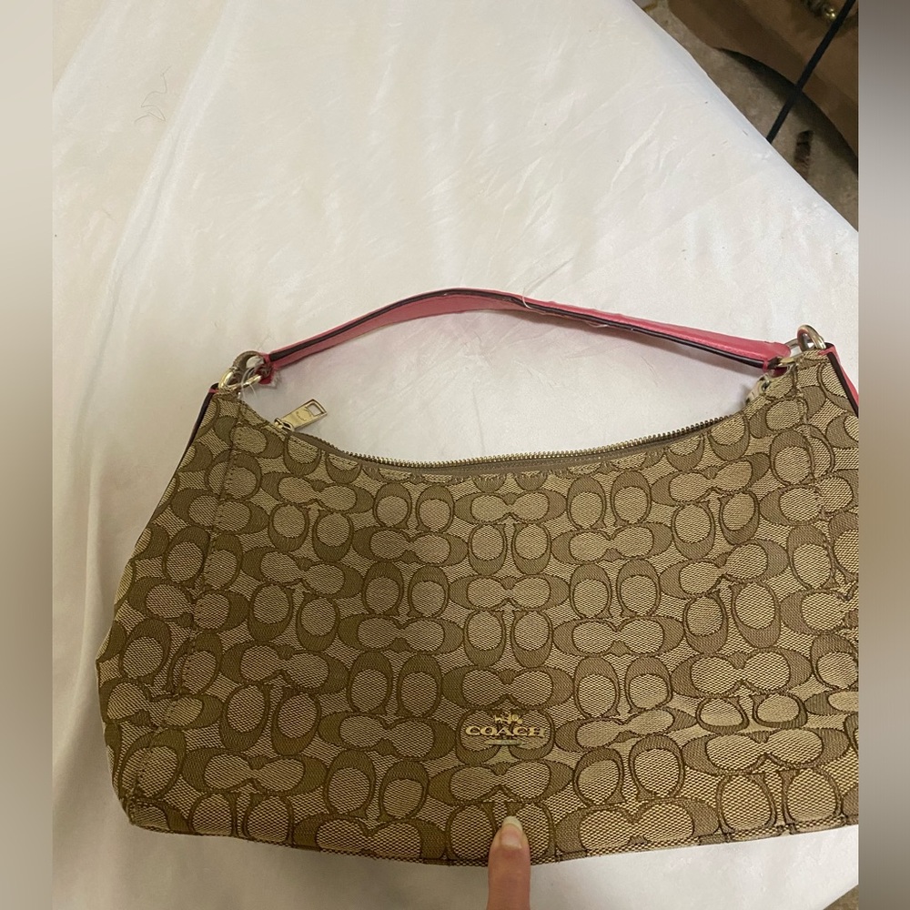 Coach Tan Signature Canvas Shoulder Bag with Pink Trim